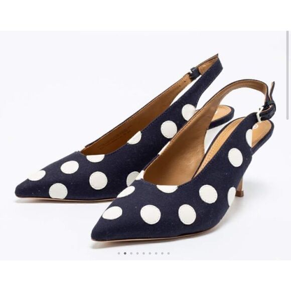Tory Burch Navy Blue/White Polka Dot Canvas and Leather Spencer Slingback Pumps - Picture 3 of 10